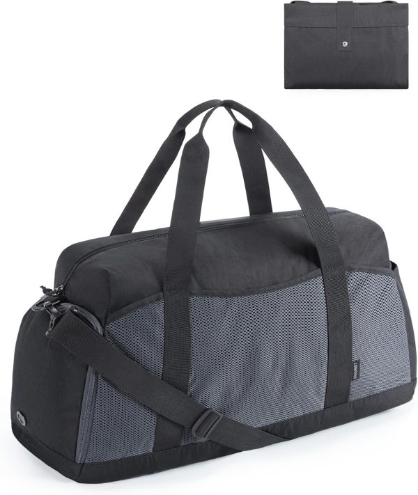 Gym Bag for Women, Foldable Duffle Bag for Travel, 35L Carry on Weekender Overnight Bag, Sports Duffel Bags with Shoe Compartment, Personal Item Travel Bag Workout Bag for Travel Yoga, Black