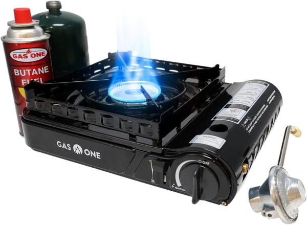 GasOne Dual Fuel Portable Camping Stove 15,000BTU With Brass Burner Head, Dual Spiral Flame Gas Stove - Patented