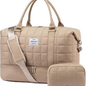 Large Duffle Bag for Travel, Puffer Weekender Bags for Women Travel Tote, Carry on Duffel Bag for Airplanes, 18 Inch Personal Item Bag Gym Bag Women, Coffee