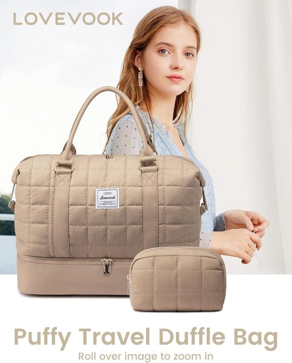 Large Duffle Bag for Travel, Puffer Weekender Bags for Women Travel Tote, Carry on Duffel Bag for Airplanes, 18 Inch Personal Item Bag Gym Bag Women, Coffee - Image 8