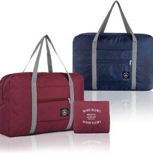 2 Pcs Foldable Travel Duffel Bags, Waterproof Lightweight Carry-on Bags, Suitable for Overnight, Holiday, Shopping, Weekends, Outing, Gym(Wine Red/Navy Blue)
